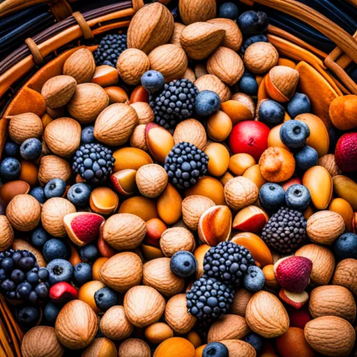 Basket of assorted nuts and berries including chestnuts, hazelnuts, blackberries, and blueberries.