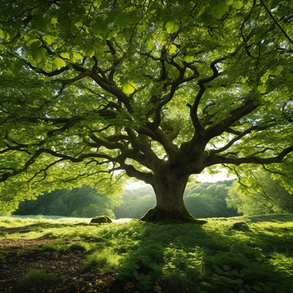 Majestic chestnut tree in a sunlit meadow, symbolizing growth, legacy, and tree sponsorship at Nuts About Dee’s Berries.