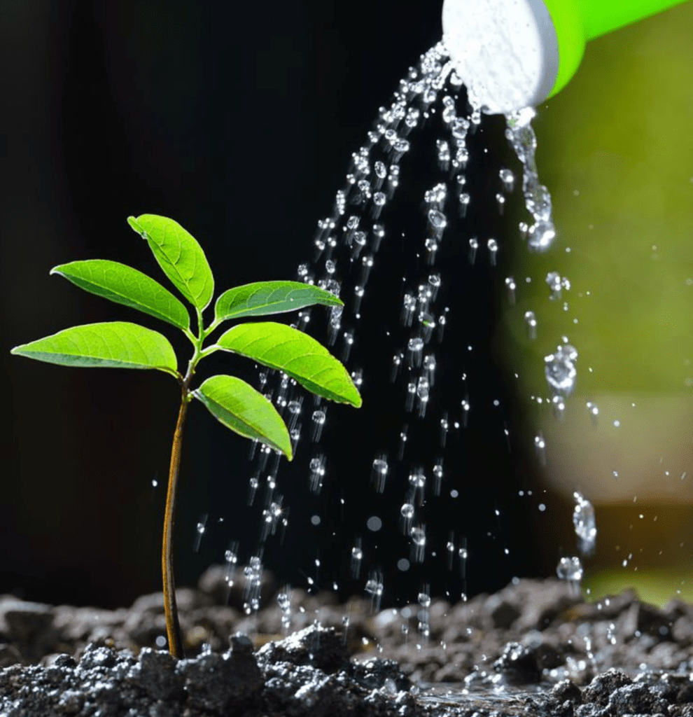 Young tree seedling being watered, symbolizing Level 2 tree sponsorship at Nuts About Dee’s Berries.