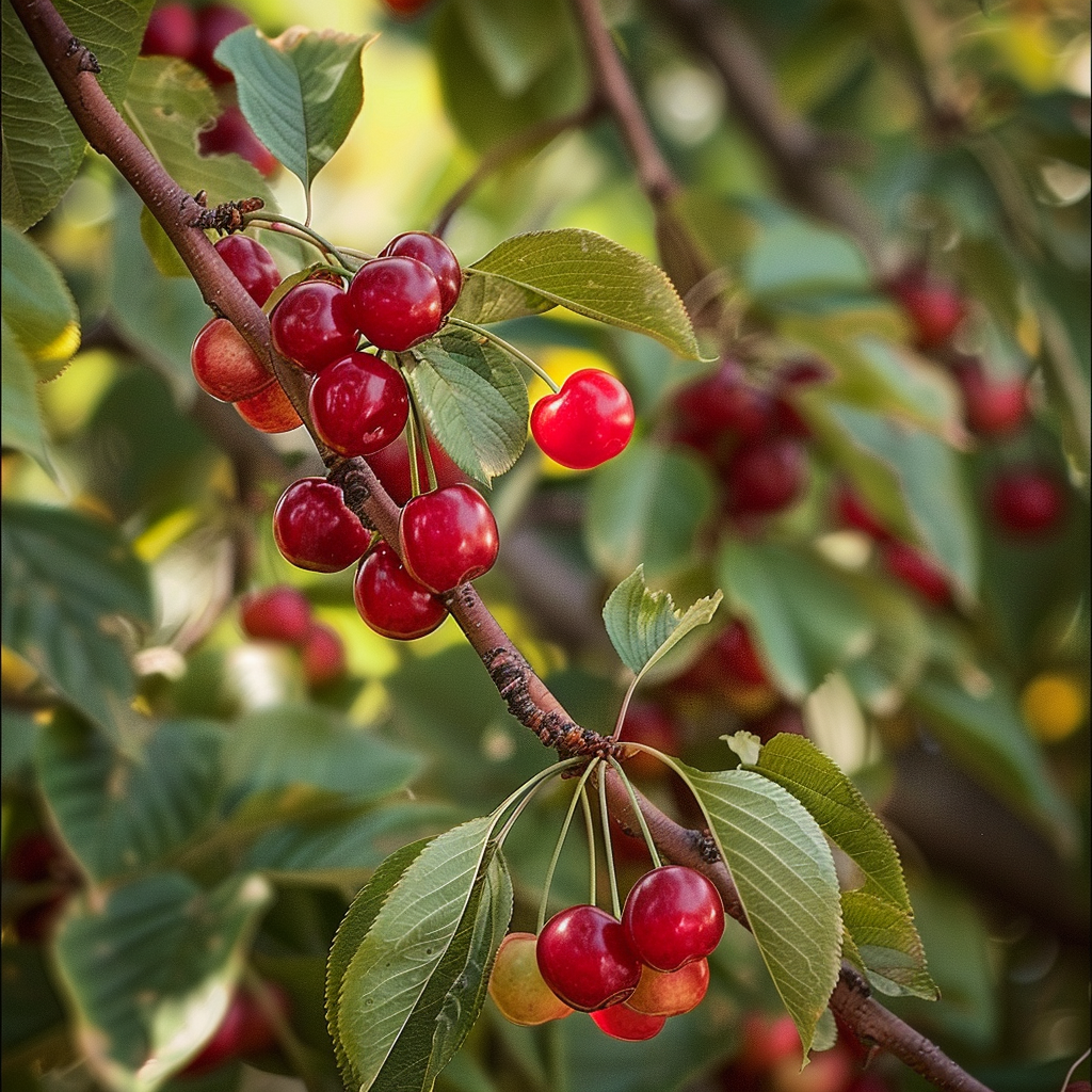 Ripe red cherries hanging from a leafy shrub in summer sunlight