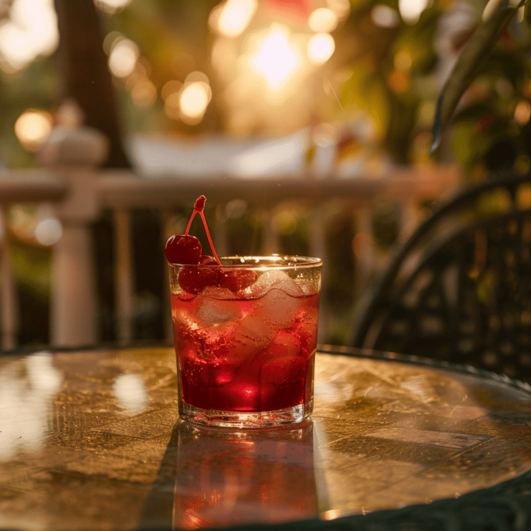 Cherry cocktail served over ice with a garnish of fresh cherries