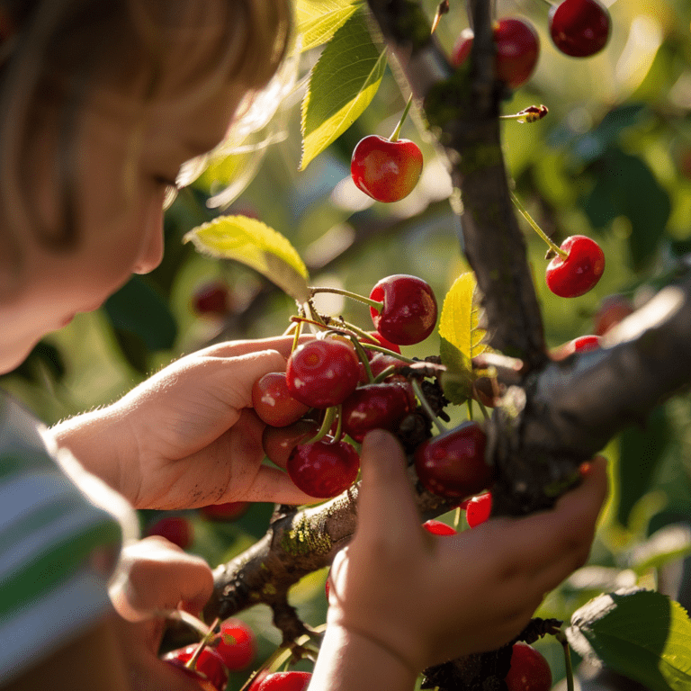 Young girl picking red cherries from a leafy bush on a sunny day