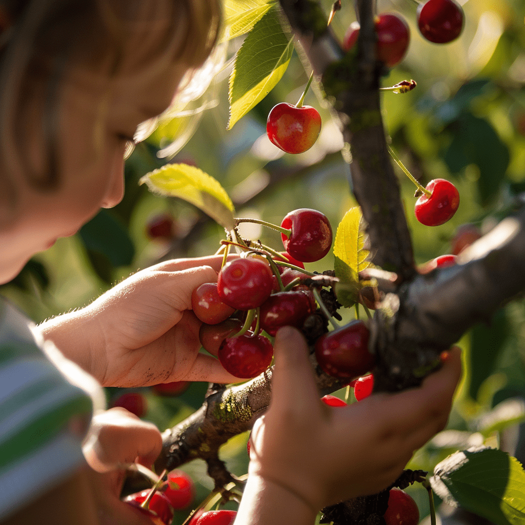 Young girl picking red cherries from a leafy bush on a sunny day