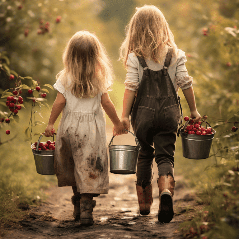 Two young girls walking down a farm row carrying buckets of freshly picked berries
