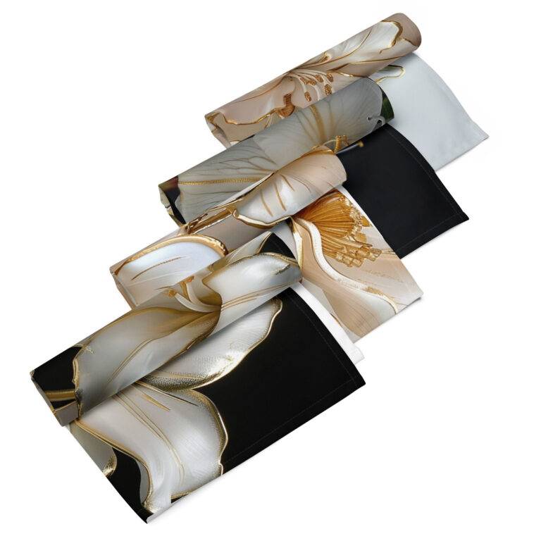 Astromeria Flowers trimmed in Gold - Cloth napkin set 4 with 4 unique designs