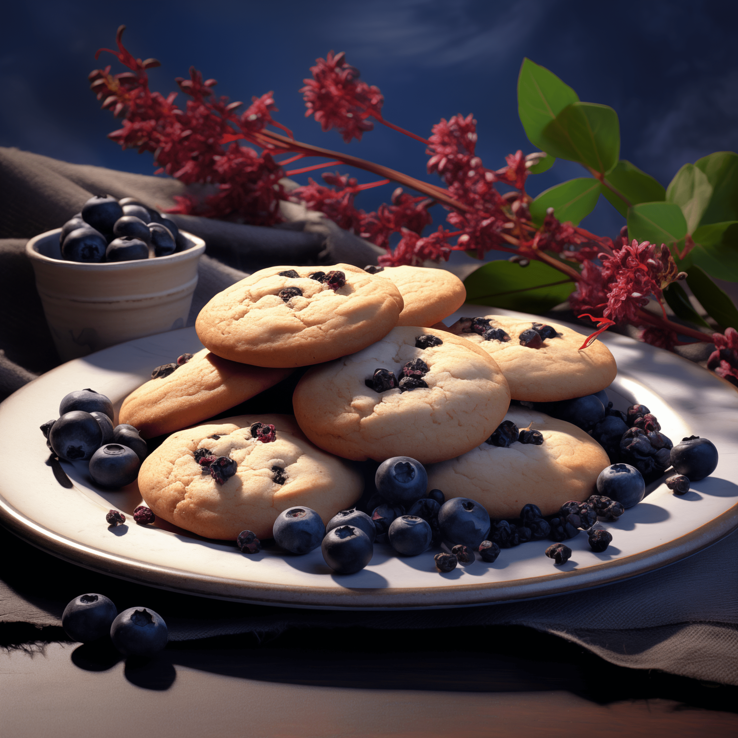 Cookies made with aronia berries on a plate with fresh chokeberries