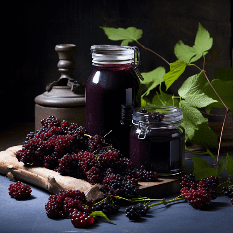 Fresh elderberries and homemade elderberry syrup in glass jars — Nuts about Dee’s Berries, Wisconsin’s food forest farm.