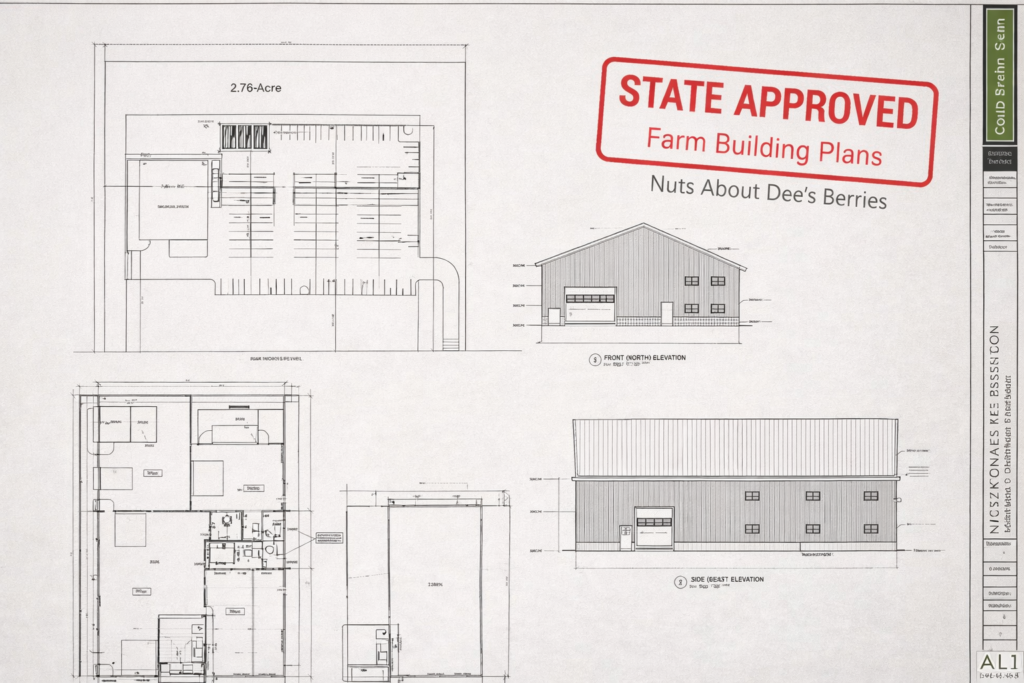 State approved farm building plans for Nuts About Dee’s Berries showing architectural drawings of the new agricultural facility in Brodhead, Wisconsin