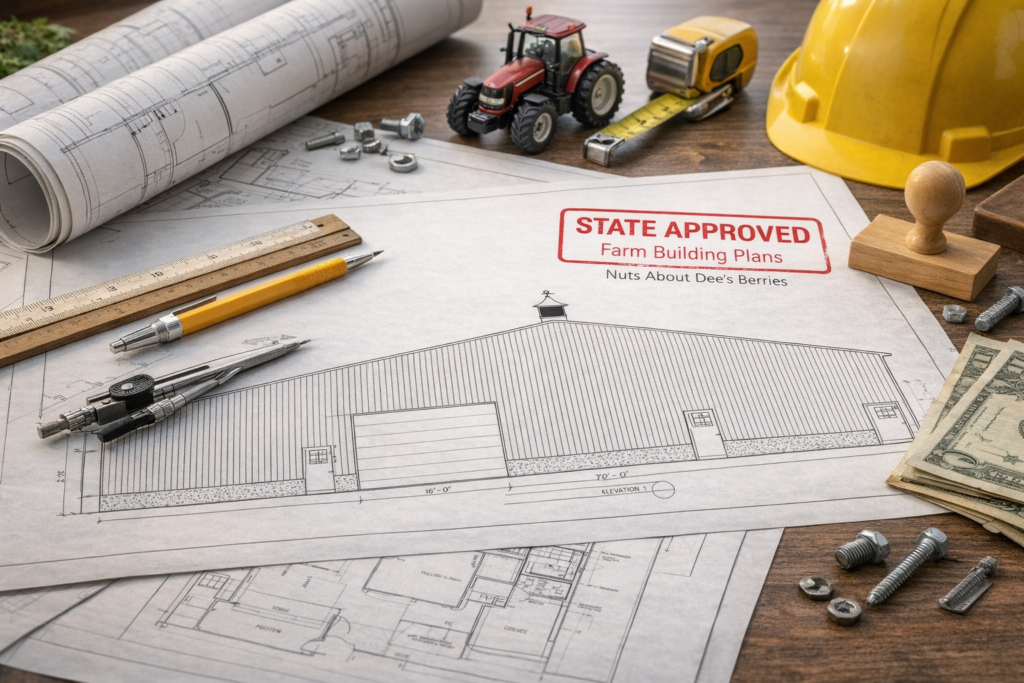 State approved farm building plans for Nuts About Dee’s Berries showing architectural drawings for the new agricultural facility in Wisconsin