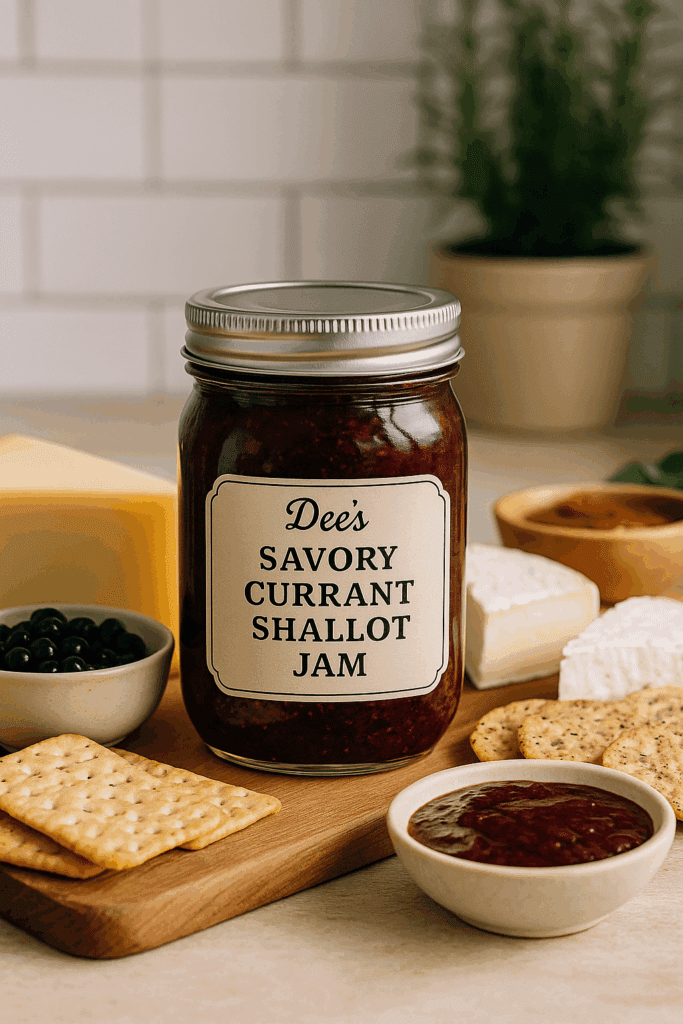 Glass jar labeled “Dee’s Savory Currant Shallot Jam” surrounded by crackers, cheeses, and fresh currants on a charcuterie board