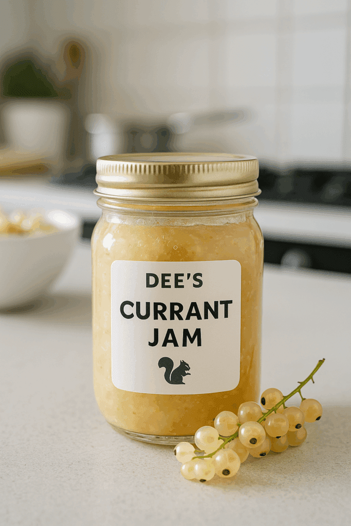 Jar of Dee’s white currant jam on a kitchen counter