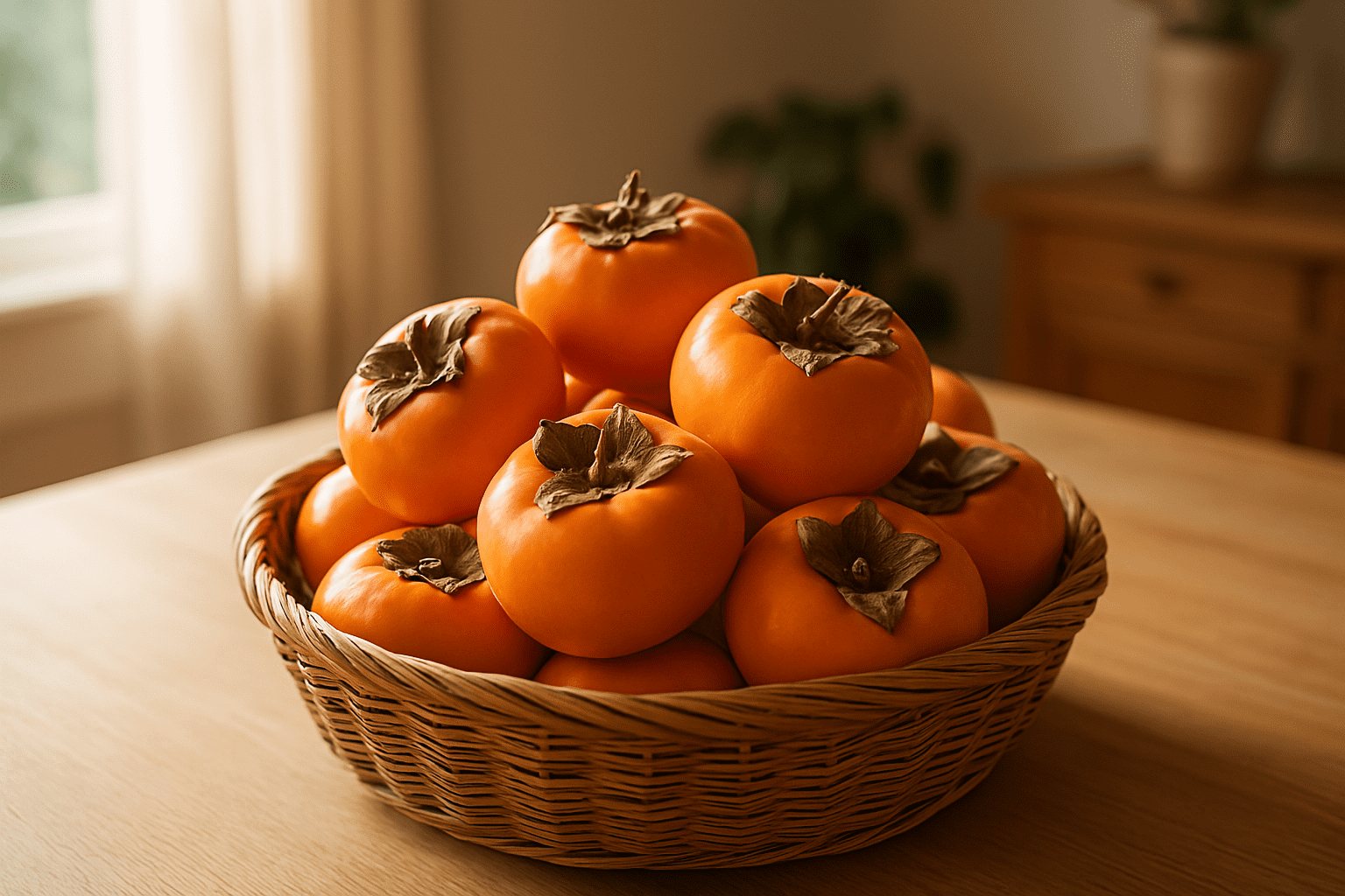 Persimmon U-pick – A basket of ripe persimmons on a sunlit kitchen table.