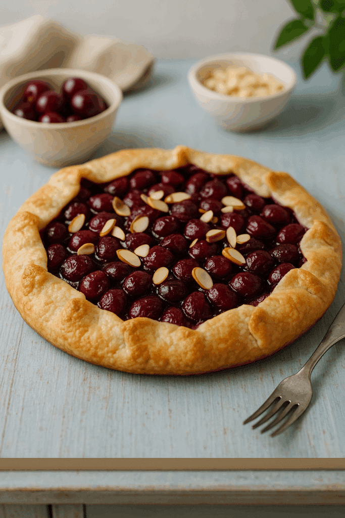 Freshly baked cherry almond galette with golden crust and toasted almonds on a rustic table