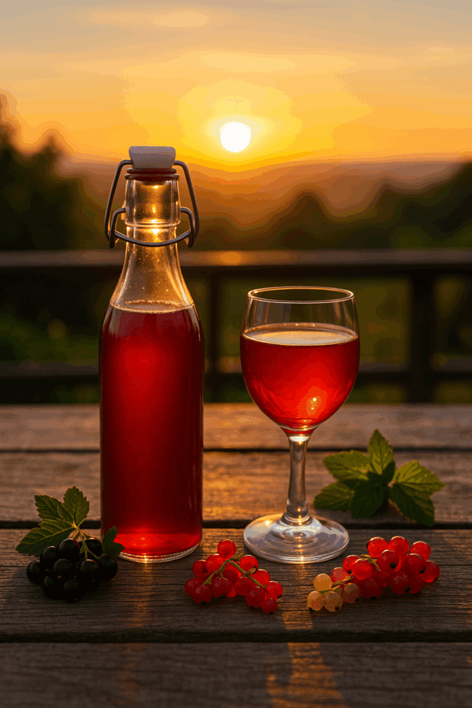 A glass and bottle of currant cordial on a rustic table at sunset, surrounded by fresh currants