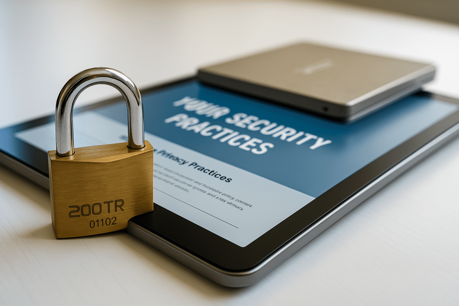 Brass padlock resting on a tablet screen displaying Website Privacy Practices, symbolizing strong data protection.