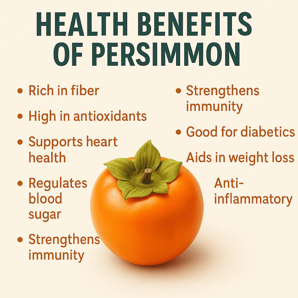 Health Benefits of Persimmon infographic showing sliced fruit and wellness icons for Persimmon U-Pick visitors