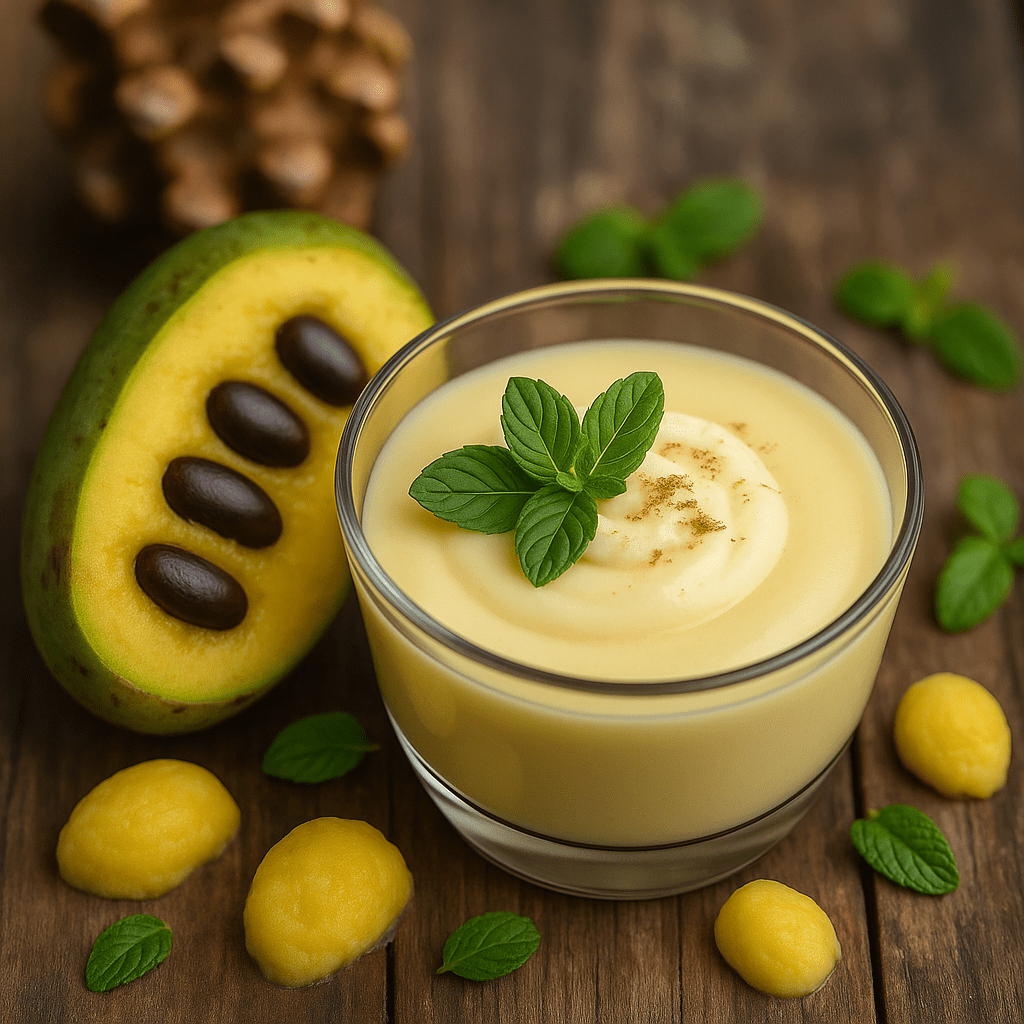 Glass of creamy pawpaw pudding with mint garnish, surrounded by scoops of pawpaw and a halved fruit—highlighting Fruit and Nut Recipes.