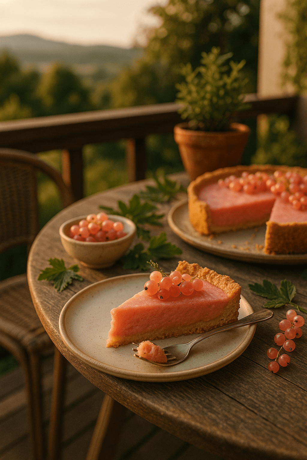 Slice of pink currant tart on a fork beside a full tart on a small porch table with rustic accents