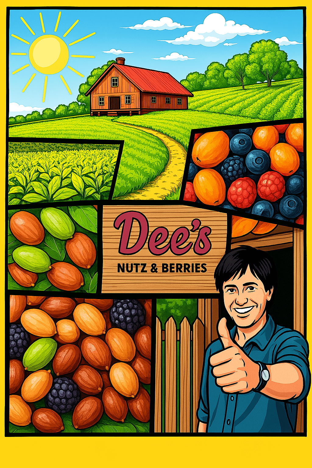 Comic-style illustration of Nuts about Dee's Berries farm, showcasing fresh produce and friendly service, supporting our Website Privacy Practices.