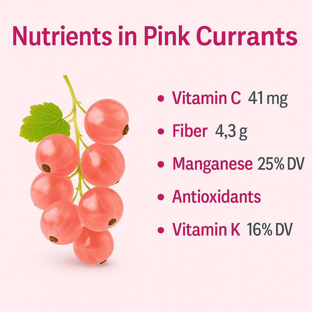 Pink Currant U-Pick nutrition infographic highlighting vitamins, antioxidants, and health benefits