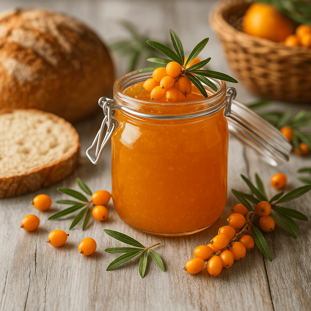 Jar of Orchard Glow Seaberry Jam with fresh seaberries and rustic bread on a wooden table