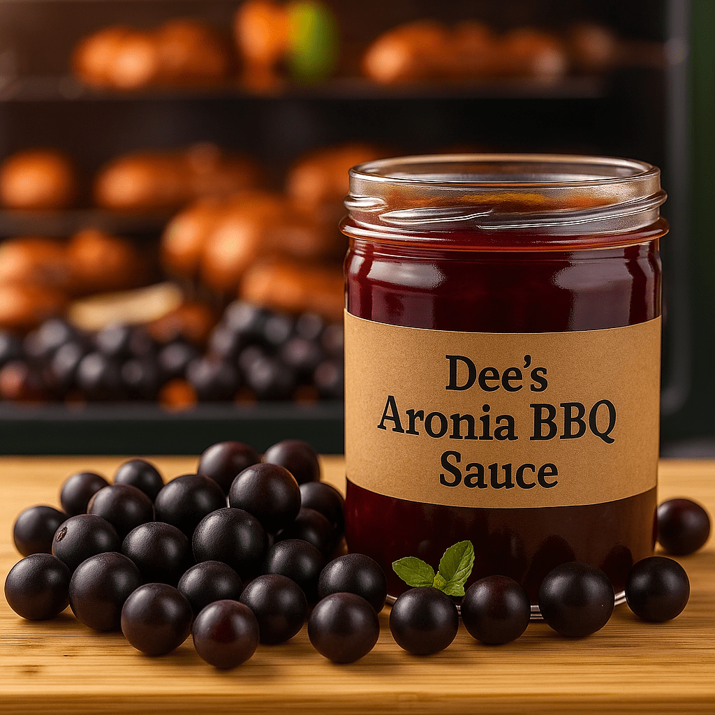 Aronia BBQ Sauce surrounded by fresh aronia berries on a wooden board, with a warm oven background—featured in Fruit and Nut Recipes.