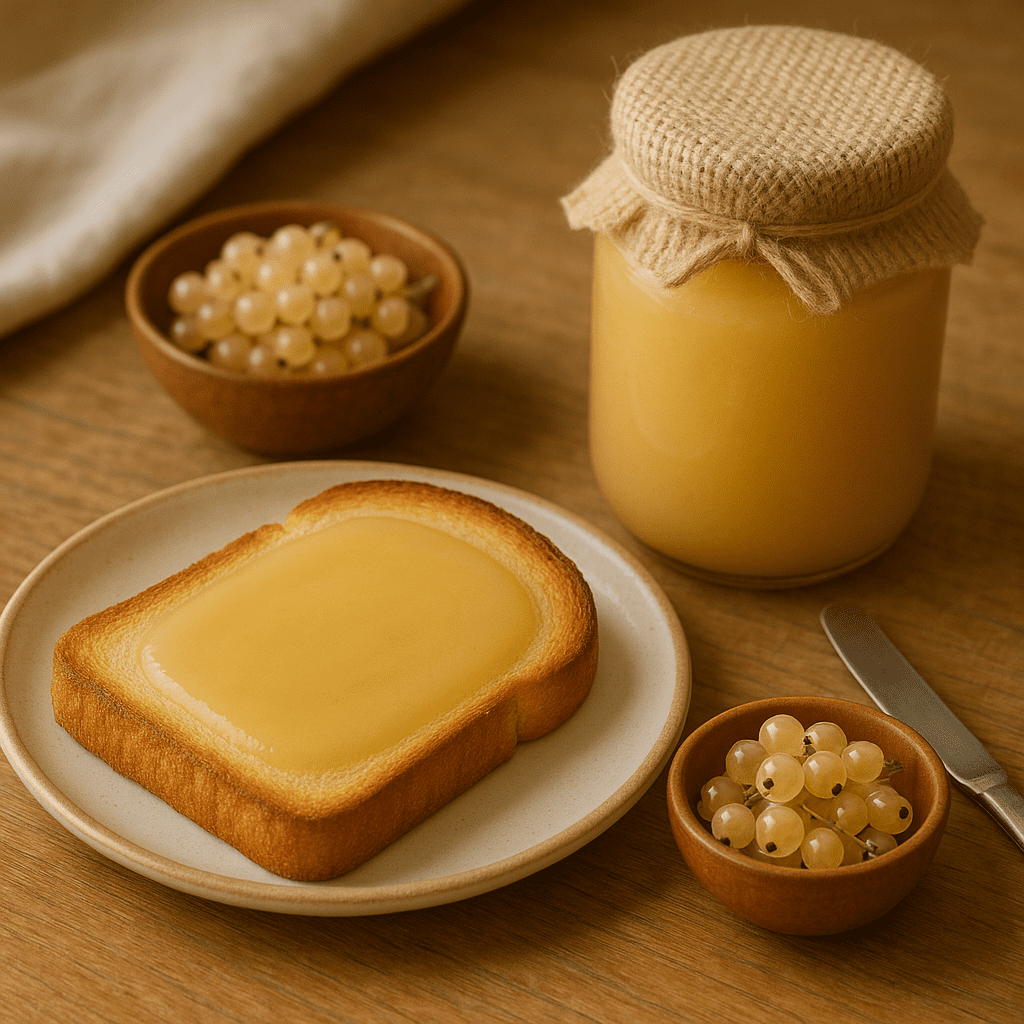 Toasted bread with smooth white currant jam, served with fresh currants and a jar of jam on a rustic kitchen table—perfect for Fruit and Nut Recipes.
