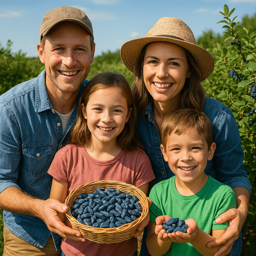 Family enjoying Honeyberry U-Pick in Wisconsin with a basket of fresh berries and rows of honeyberry bushes in the background
