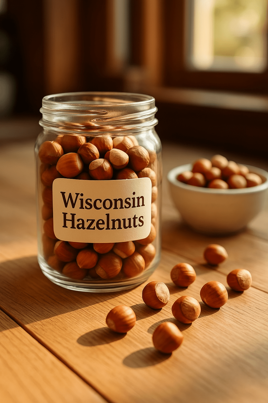 Roasted Wisconsin Hazelnuts in a glass jar, showcasing a wholesome and energizing snack option. Try them in our Hazelnut U-Pick today!