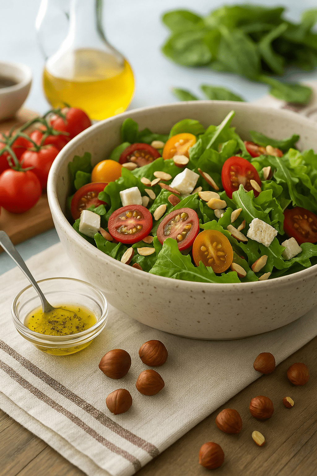Fresh salad topped with slivered hazelnuts served at Wisconsin Hazelnuts U-Pick.