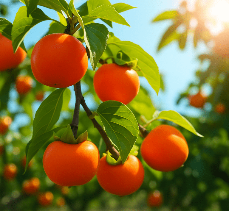 Close-up of ripe American persimmons hanging on a tree branch at a Persimmon U-Pick orchard in Wisconsin, with sunlight filtering through green leaves.