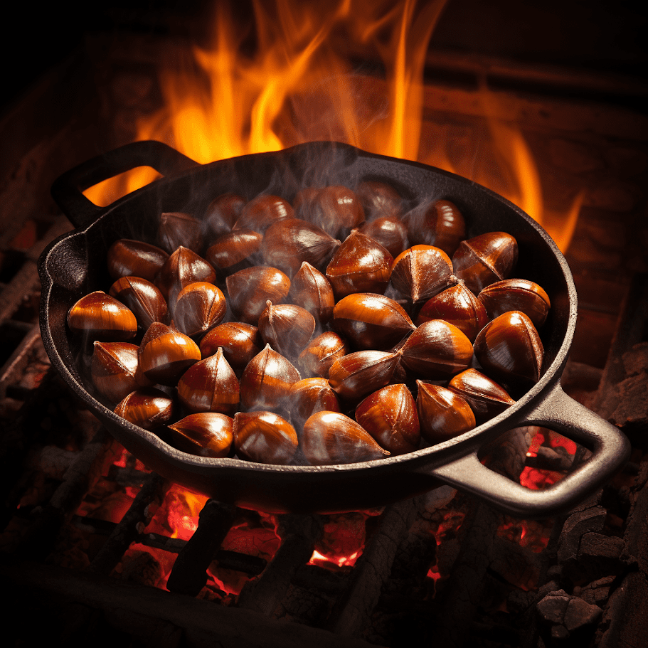 U-Pick Chestnuts roasting in a cast iron pan over an open fire