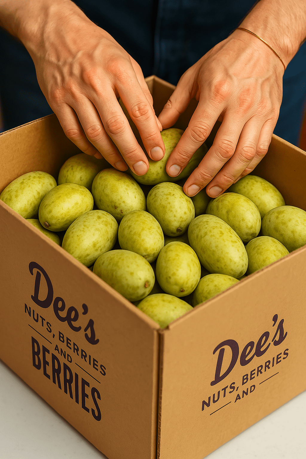 Hands carefully packing fresh American Pawpaw fruit into a Nuts about Dee's Berries box, illustrating trust and Website Privacy Practices.