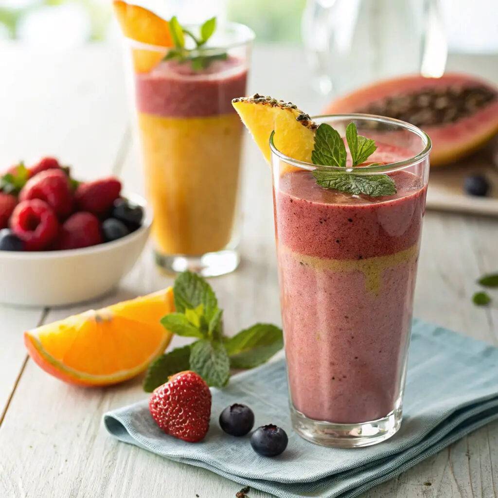 Seaberry citrus smoothie in a tall glass, layered with fresh fruit and garnished with mint—part of our Fruit and Nut Recipes.