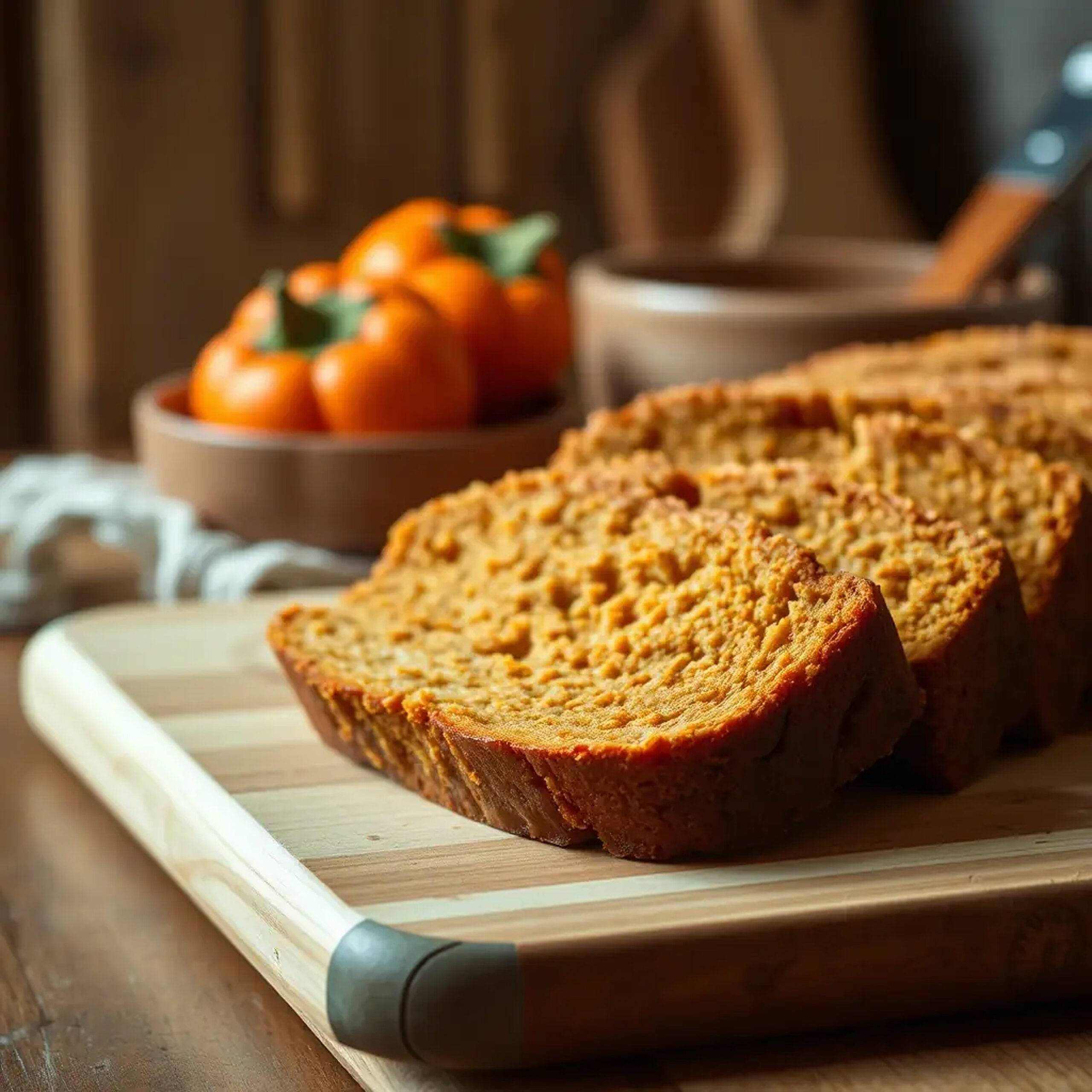 Slices of moist, golden-brown persimmon bread on a wooden cutting board—highlighting seasonal baking in our Fruit and Nut Recipes.
