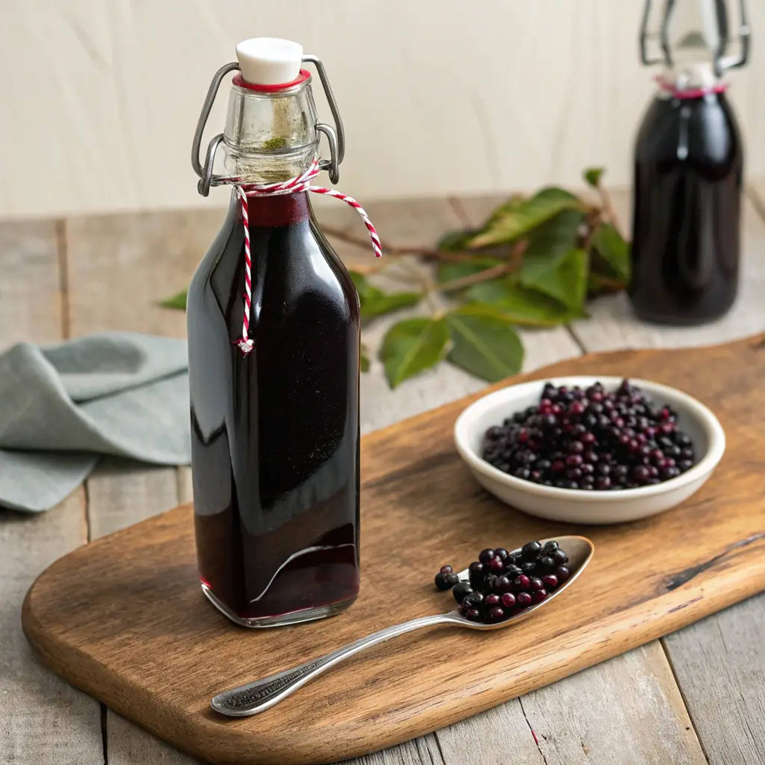 Glass bottle of homemade elderberry syrup on a wooden board, with a spoon and bowl of elderberries nearby—featured in Fruit and Nut Recipes.