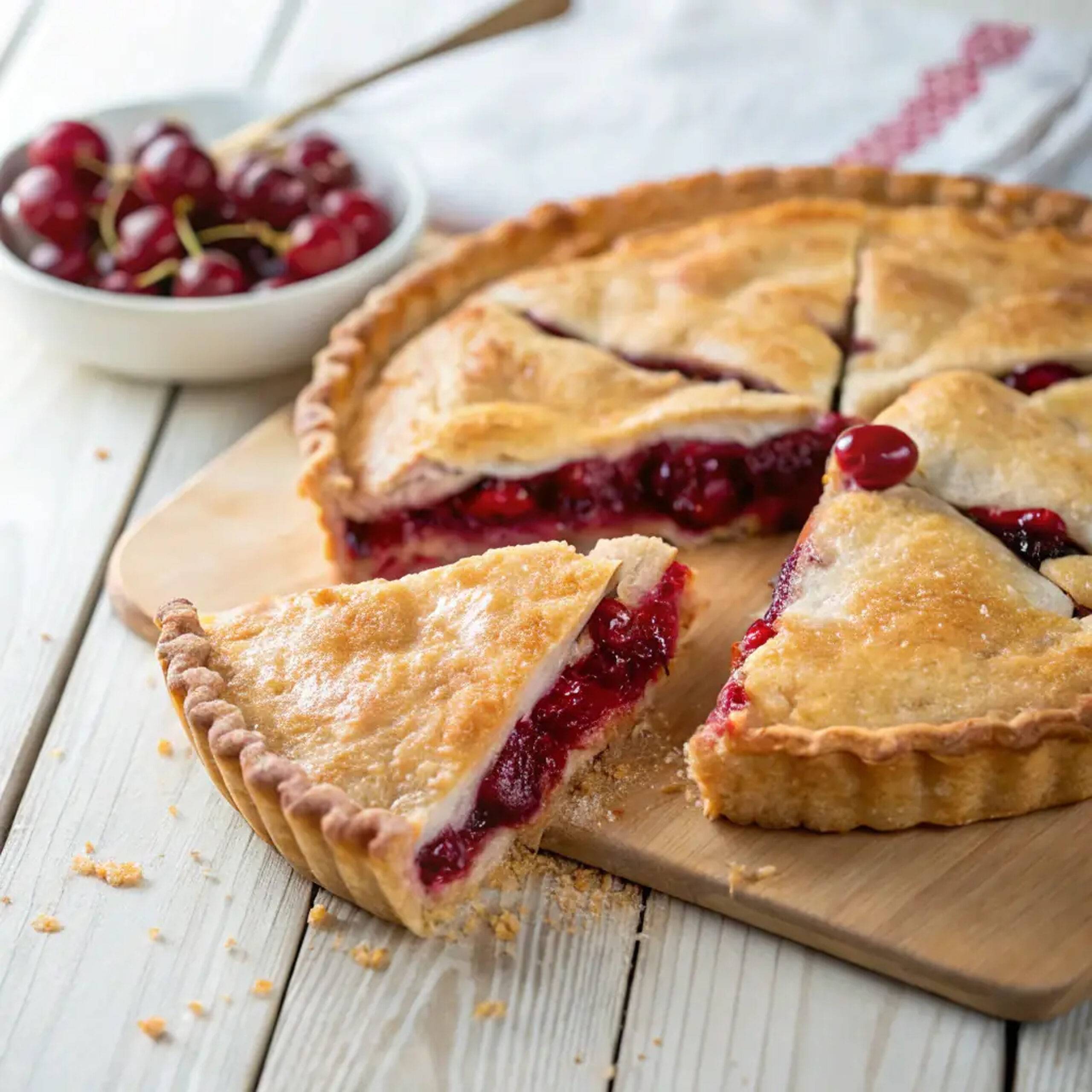 Freshly baked cherry pie made with tart bush cherries, sliced and served on a wooden board—perfect for Fruit and Nut Recipes.