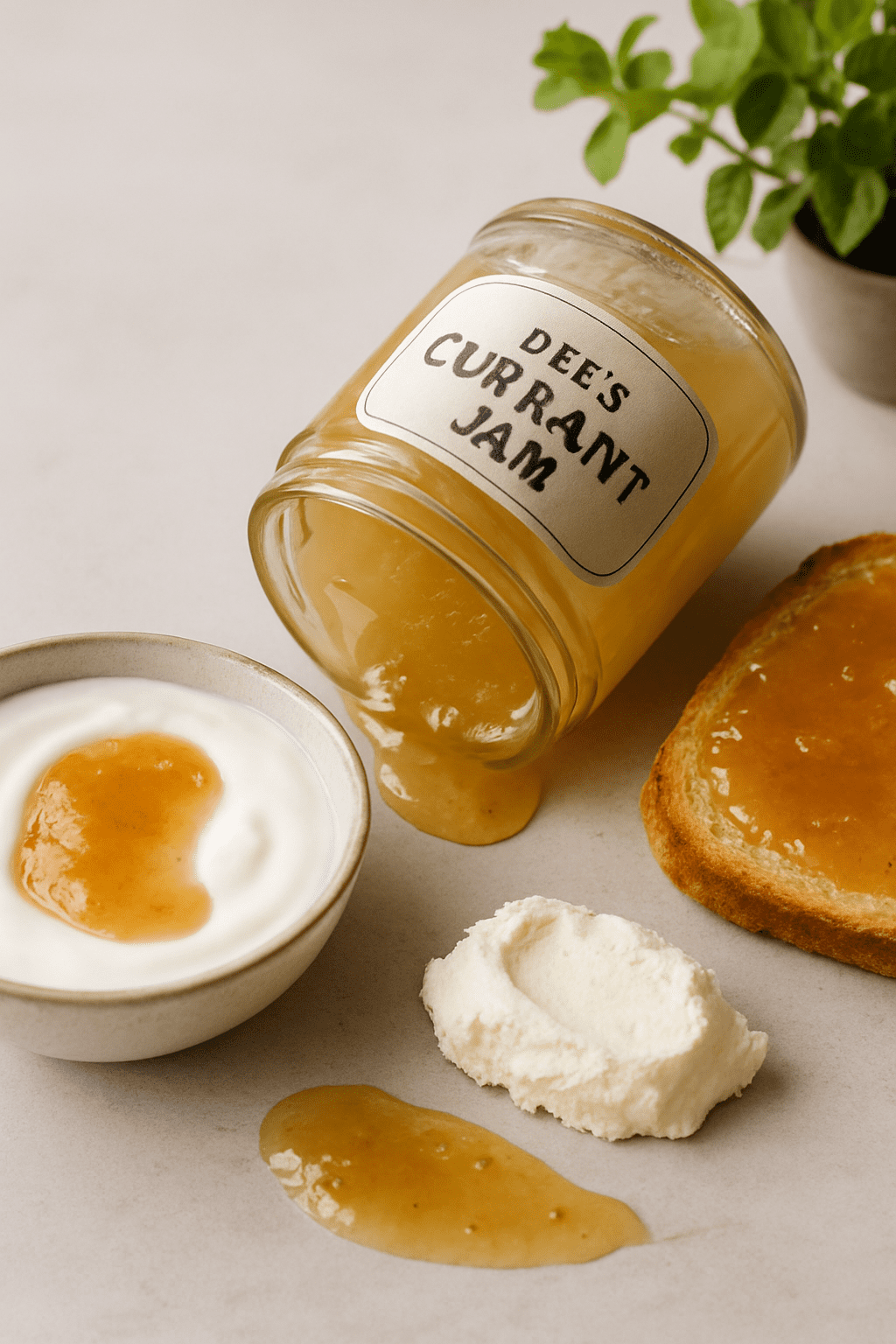 Bowl of yogurt with a smear of white currant jam, next to a jar of jam on a rustic surface