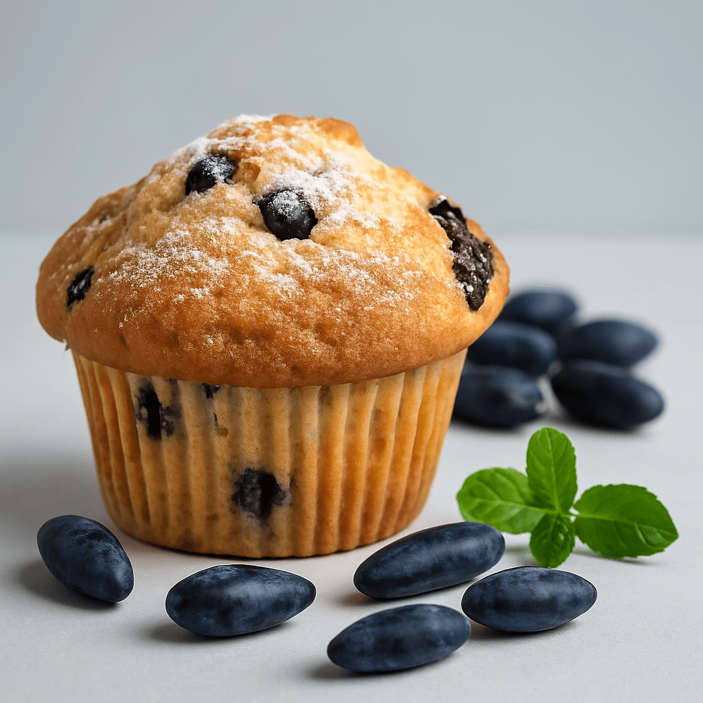 Freshly baked honeyberry muffin on a gray counter, surrounded by whole honeyberries and a sprig of mint—perfect for Fruit and Nut Recipes.