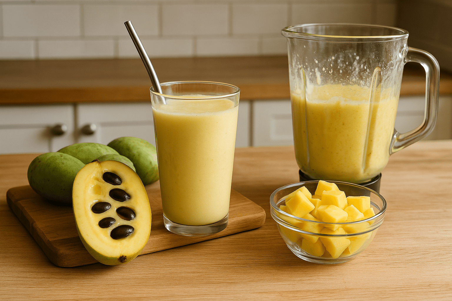 Glass of pawpaw smoothie beside halved pawpaw fruit and blender – fresh from our Pawpaw U-Pick orchard