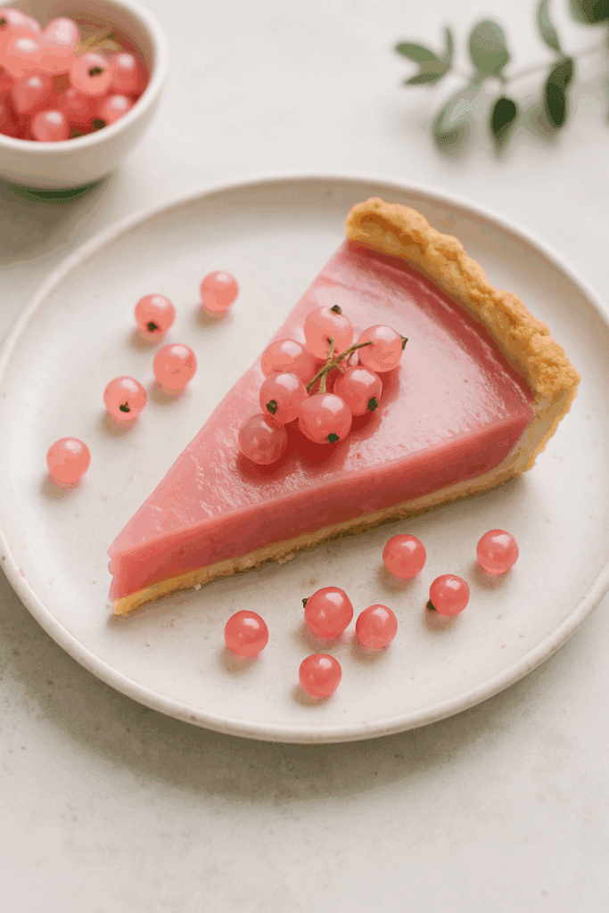 Slice of pink currant tart on a rustic plate with fresh currants