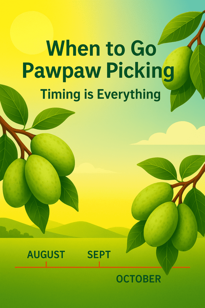 Infographic showing Pawpaw U-Pick season timeline from August through October with clusters of American pawpaw fruit on sunny hills