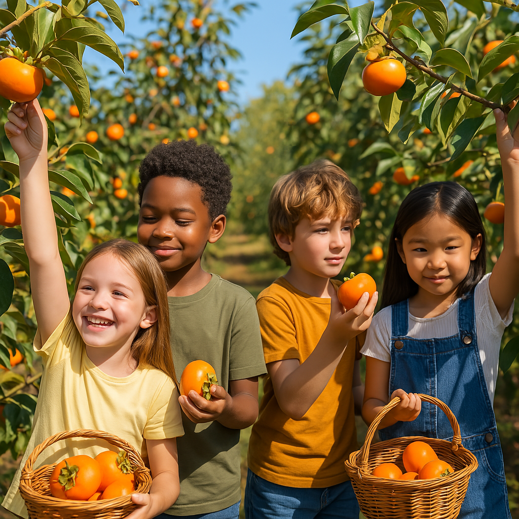 Persimmon U-pick – Group of children happily picking persimmons in an orchard.