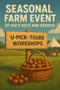 Promotional sign for a Seasonal Farm Event at Dee’s Nutz and Berries, featuring fresh produce and U-Pick offerings