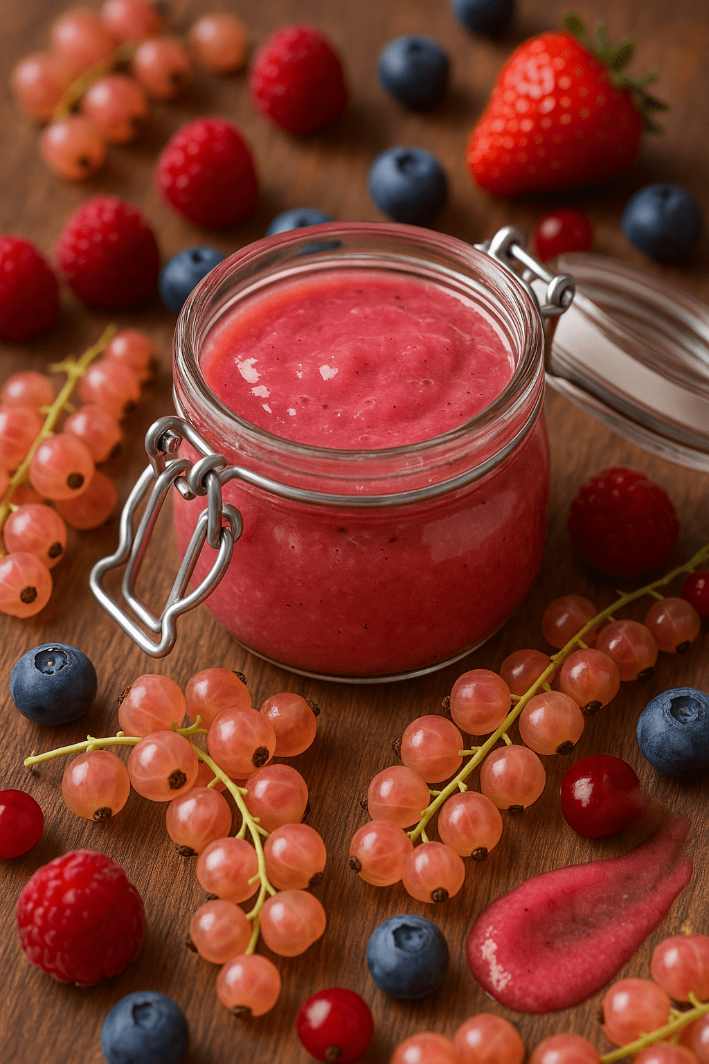 Pink currant jam in a glass jar with scattered berries for Pink Currant U-Pick recipes