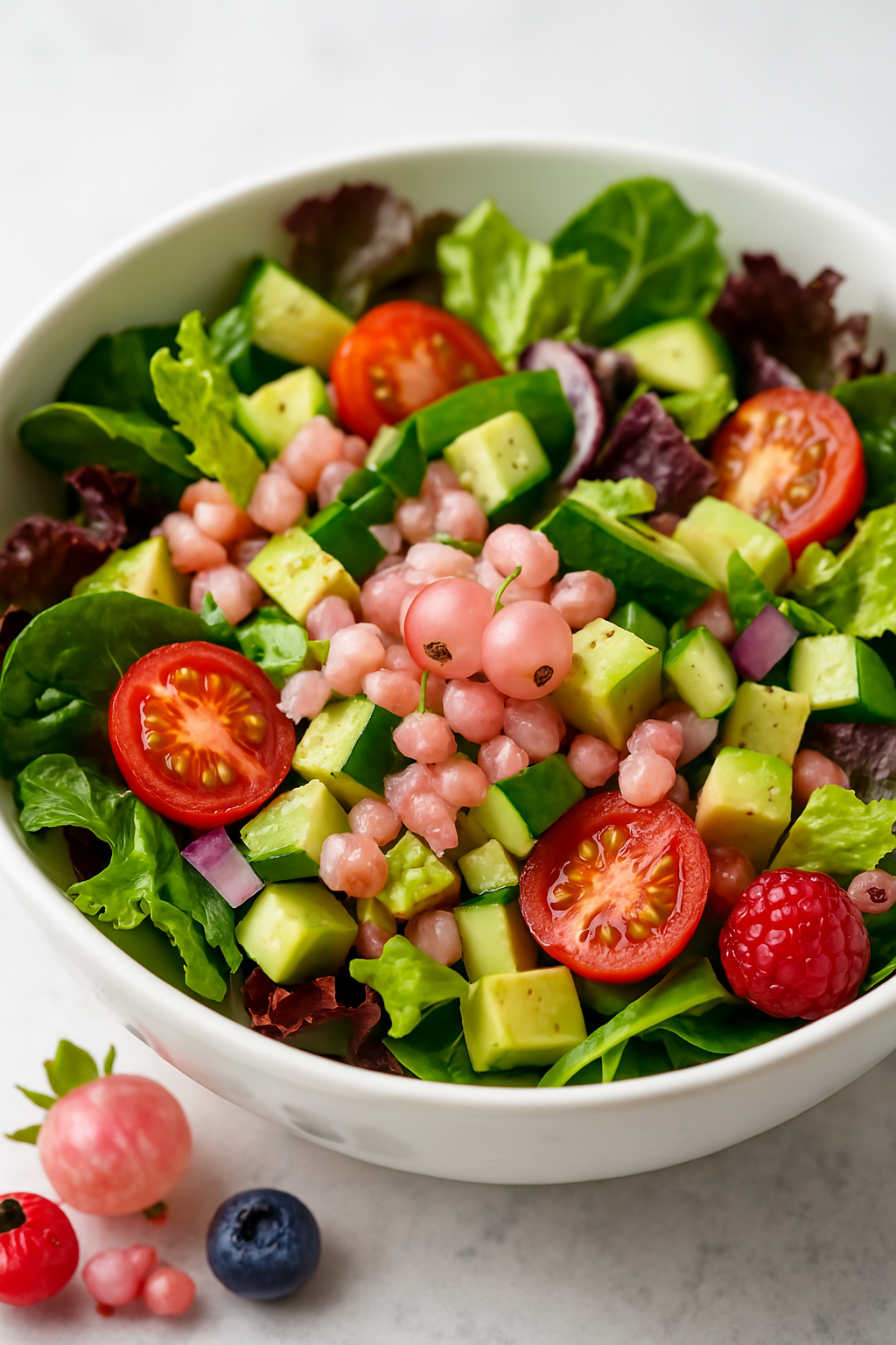Fresh salad topped with diced pink currants and greens from Pink Currant U-Pick