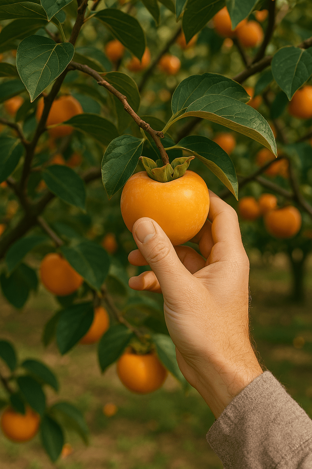 Persimmon U-pick – Hand picking a ripe persimmon directly from the tree.