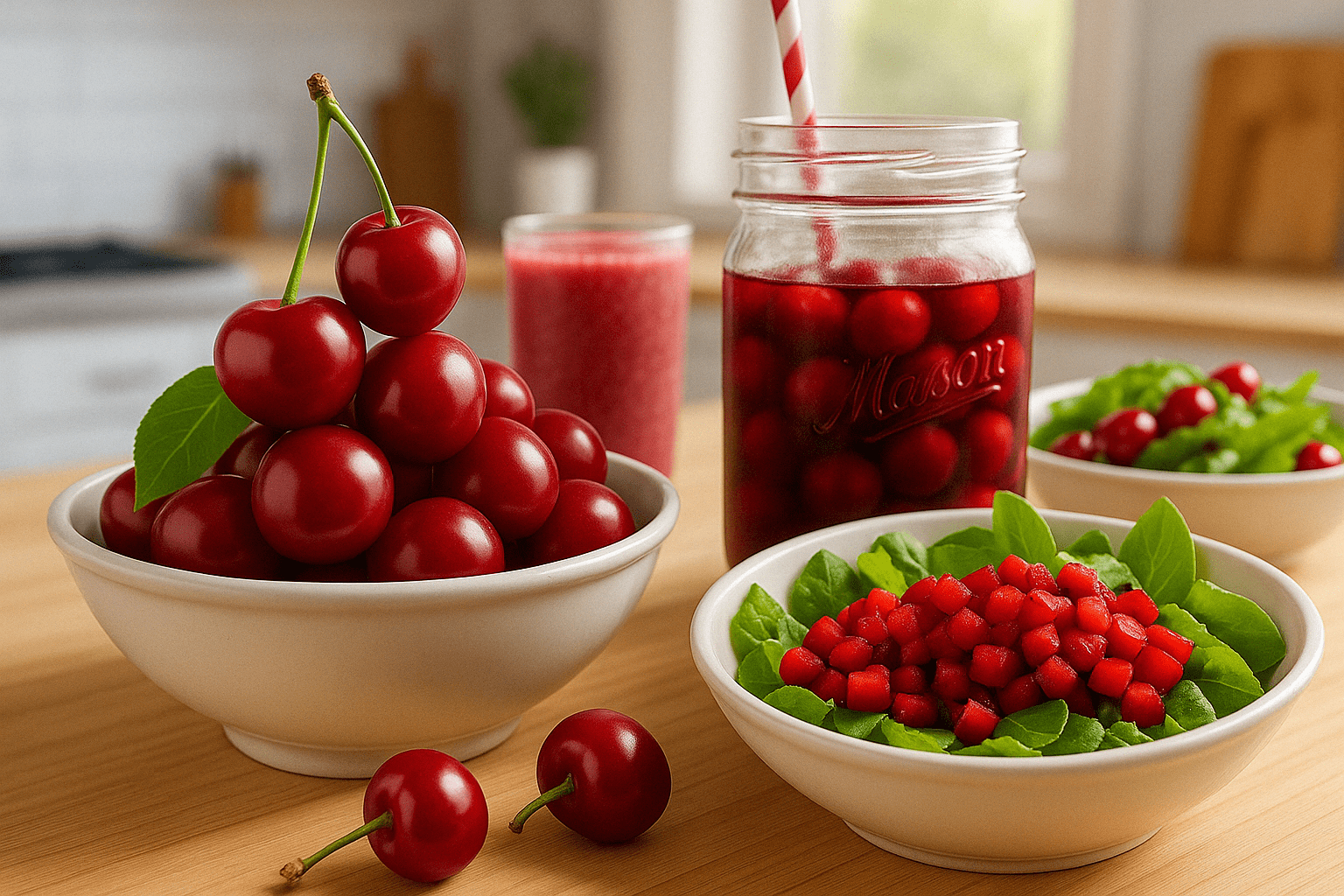 A fresh cherry salad with chopped bush cherries, a smoothie, and a jar of cherries, illustrating antioxidants in bush cherries
