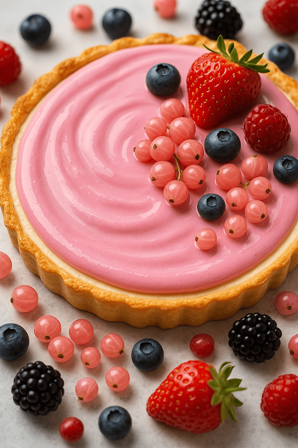 A close-up view of a light pink glazed tart surrounded by pink currants, blueberries, strawberries, and blackberries, representing Pink Currant U-Pick recipe inspiration.
