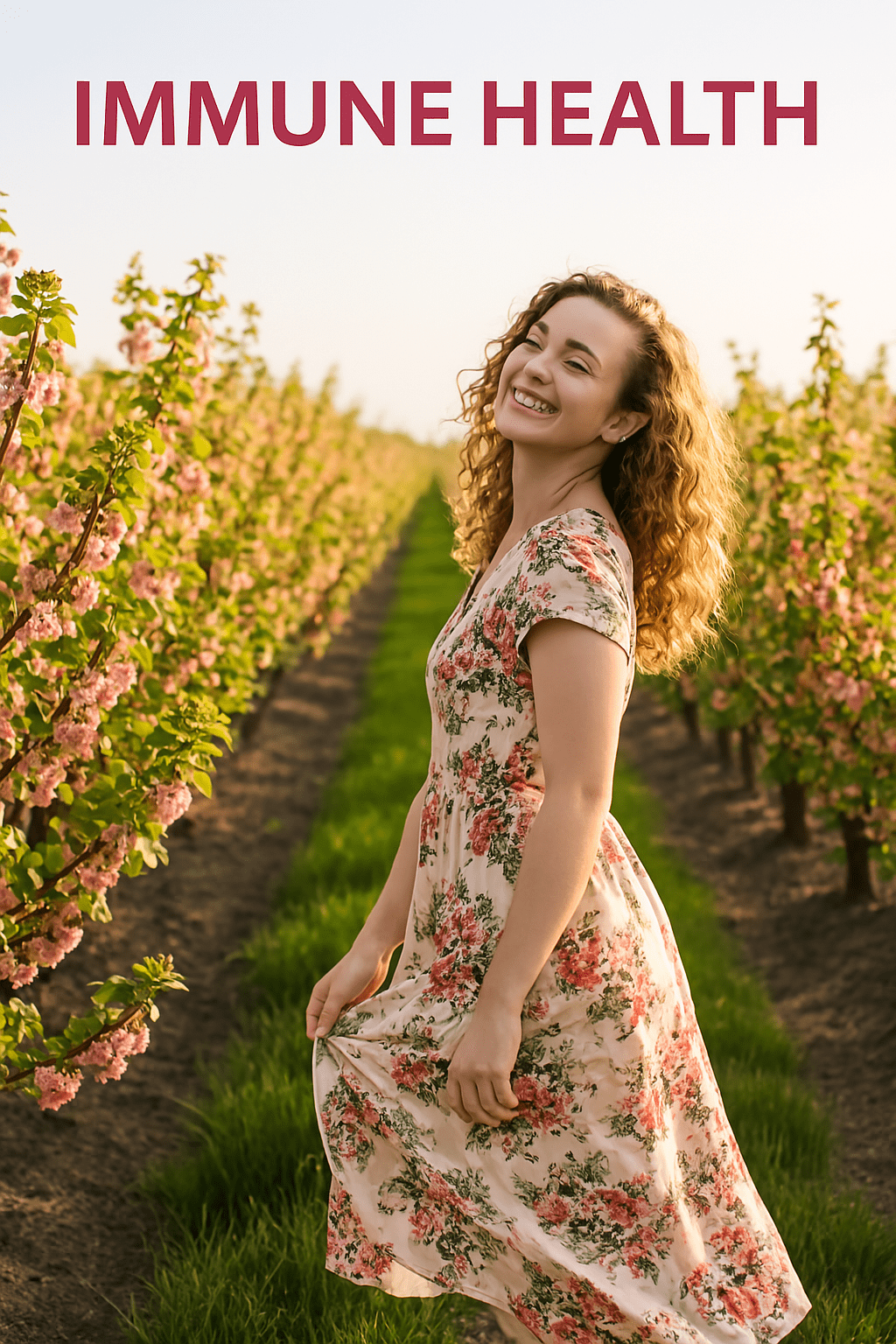 Woman standing near pink currant bushes with "Immune Health" text for Pink Currant U-Pick